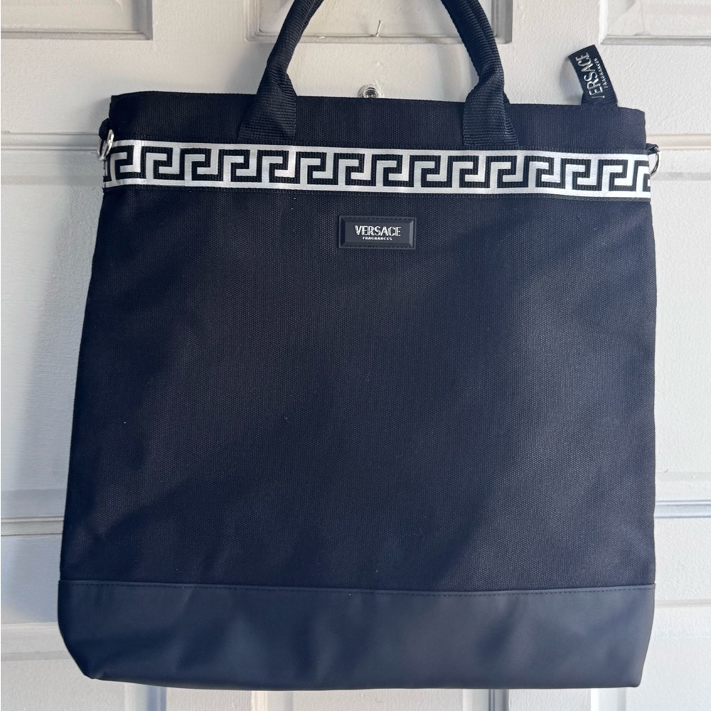 Versace Fragrances Black and White Greek Key Laptop Tote